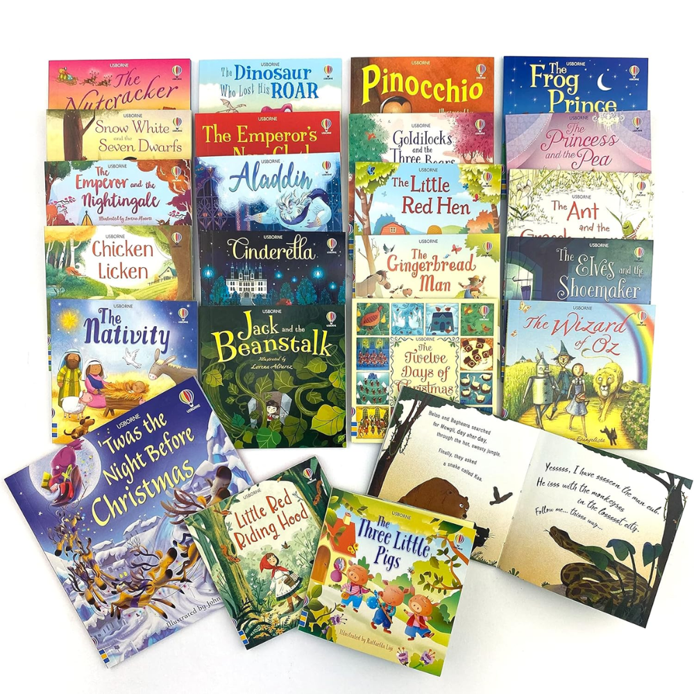 Collection of children's books with colorful covers on a white background