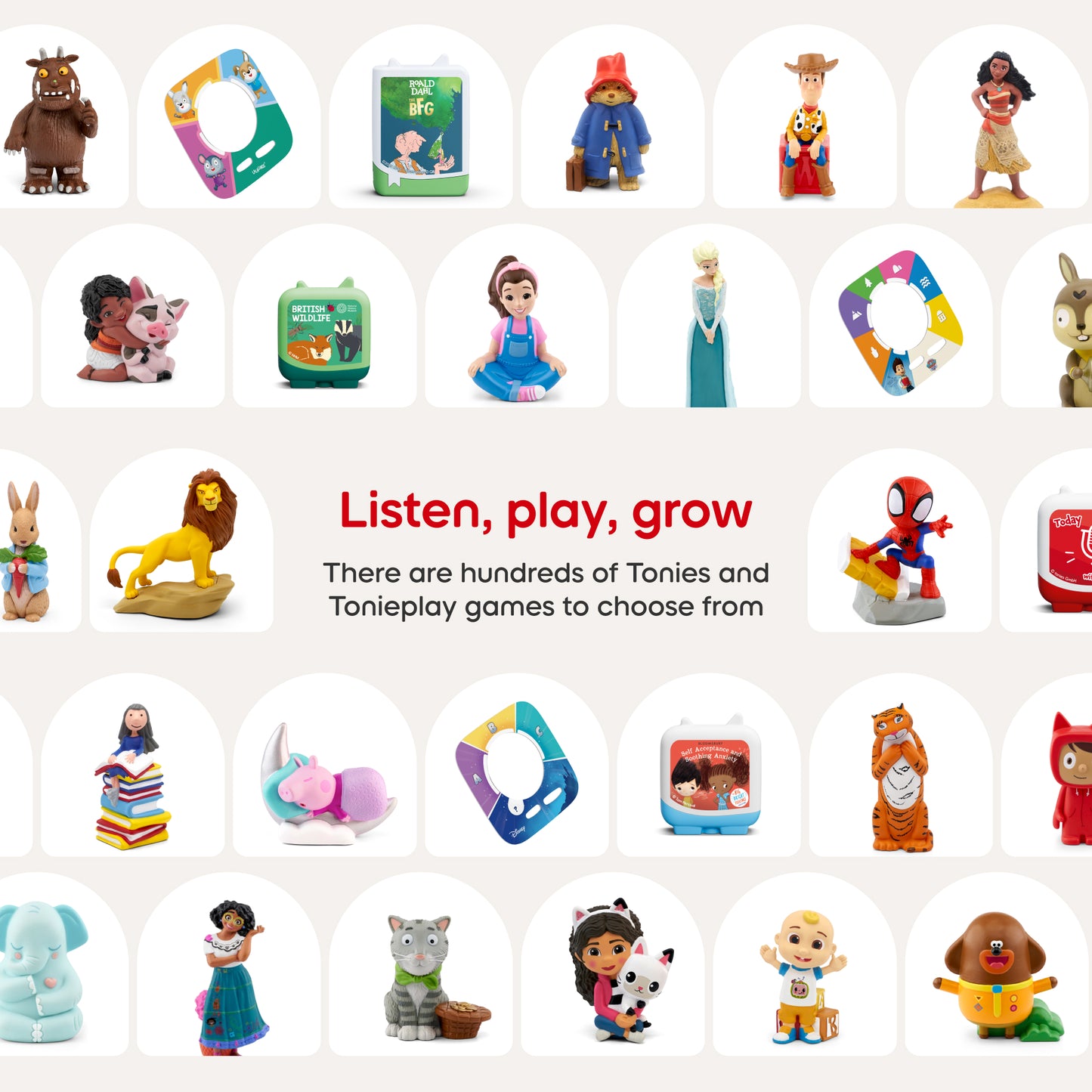 Collection of Tonie figurines and boxes on a white background with text 'Listen, play, grow'.