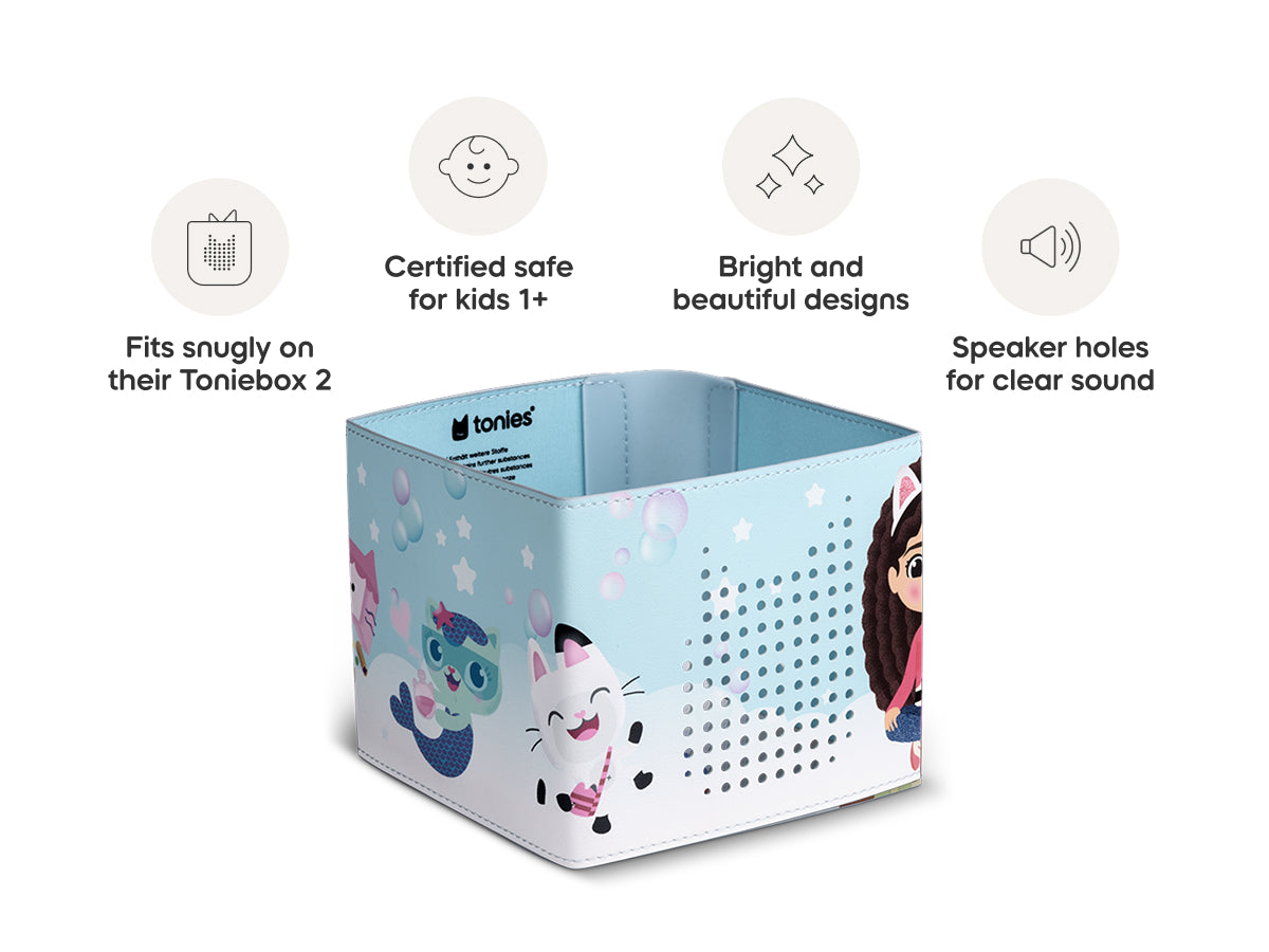Product packaging with cartoon characters and features listed on a white background