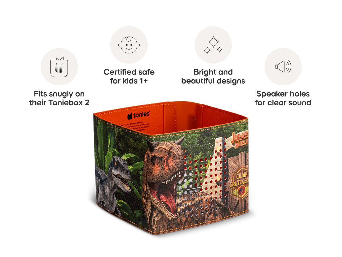 Dinosaur-themed box with features listed on a white background