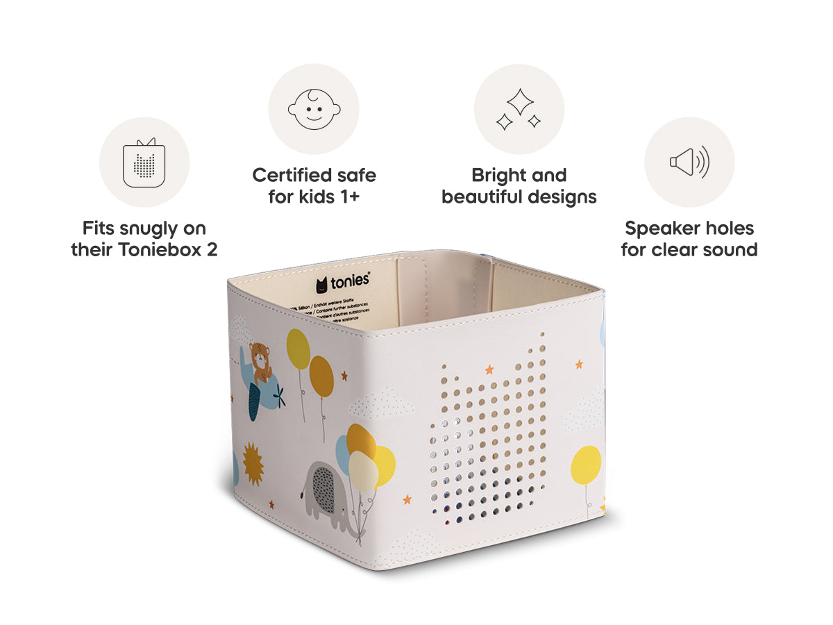 White box with colorful designs and text about Tonie products on a white background