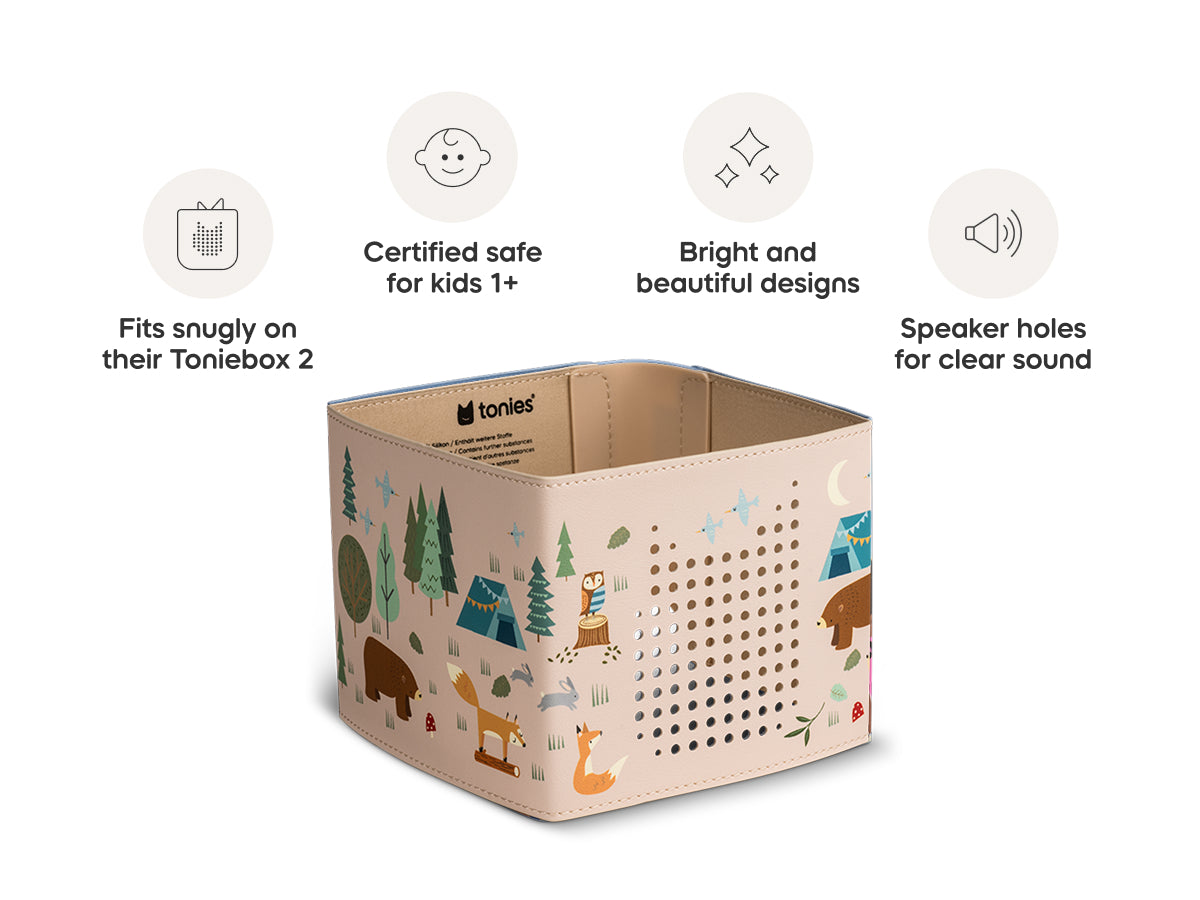 Cardboard box with forest design and features listed on a white background