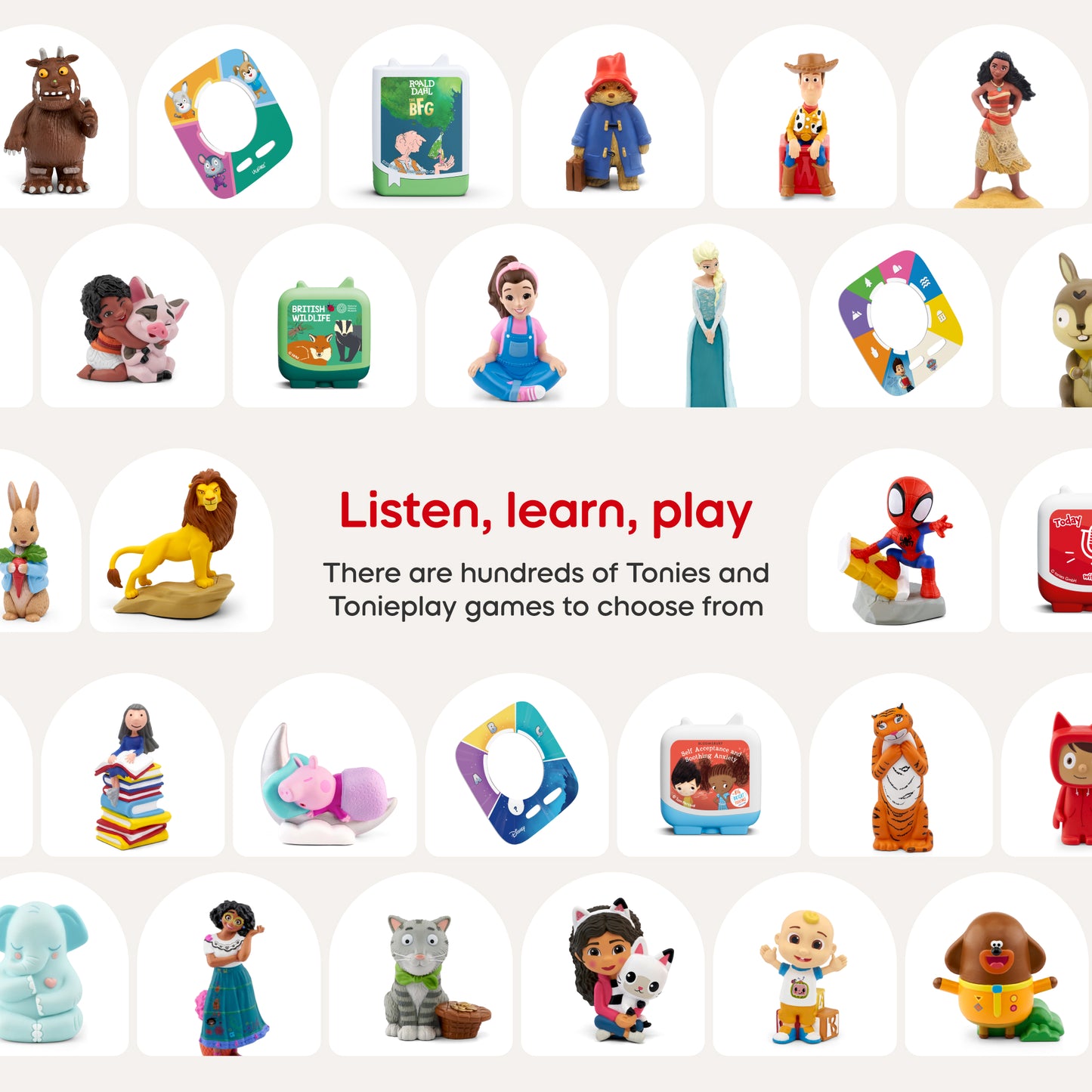 Collection of Tonie figurines and boxes on a white background with text 'Listen, learn, play'.