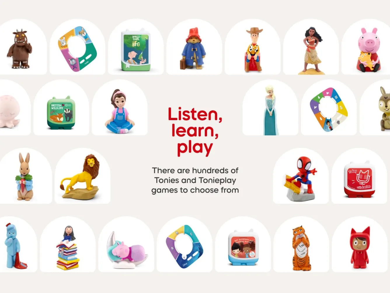 Collection of toys and educational games with 'Listen, learn, play' text on a light background