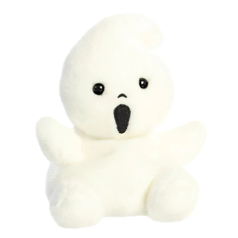White plush toy with black eyes and mouth on a white background