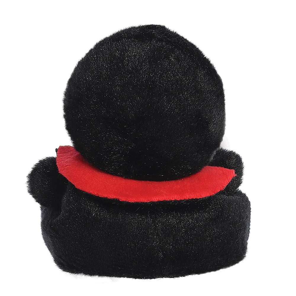 Black plush toy with a red collar on a white background