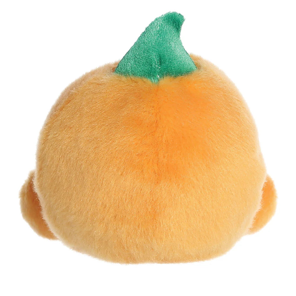 Plush toy resembling a pumpkin with a green stem on a white background