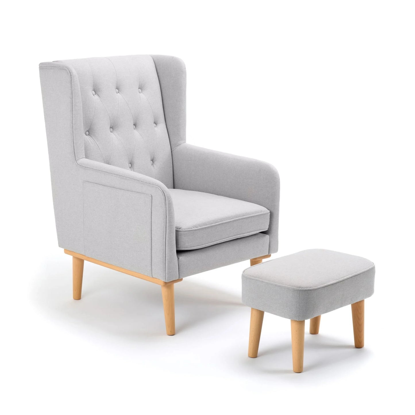 Gray armchair with matching ottoman on a white background