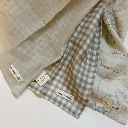 Three fabric swatches with different patterns on a white background