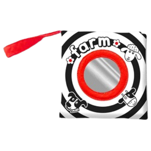 Circular pouch with 'farm' text and animal illustrations on a white background