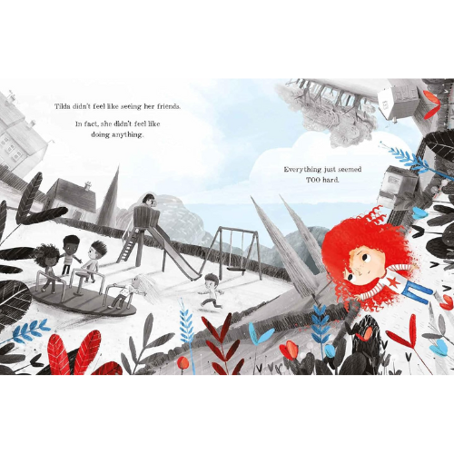 Illustration of a child with red hair sitting on a fence looking sad, with text about not wanting to see friends.
