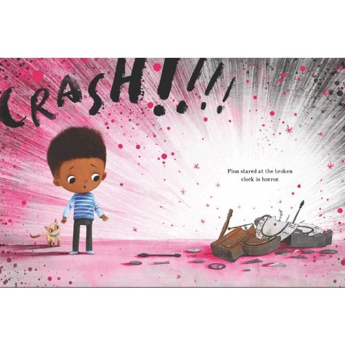 Illustration of a child and dog looking at a broken clock with 'CRASH!!!' text on a pink background.