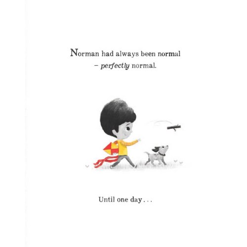 Illustration of a boy with a dog on a white background with text about 'Norman'.