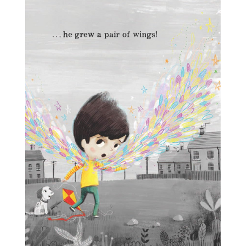 Illustration of a child with colourful wings in a grey landscape