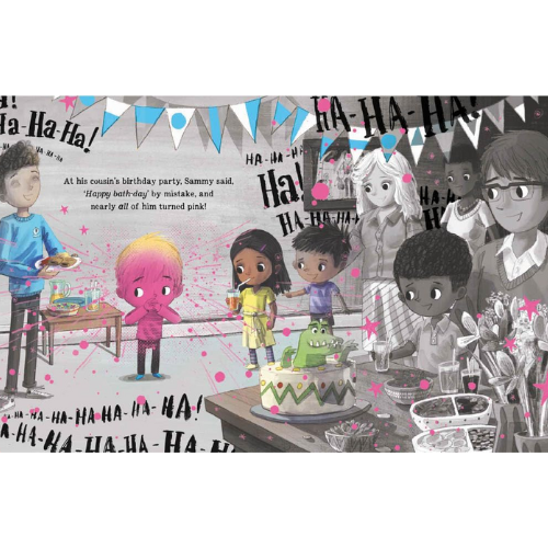 Illustrated birthday party scene with children and a cake, featuring text and colorful elements.
