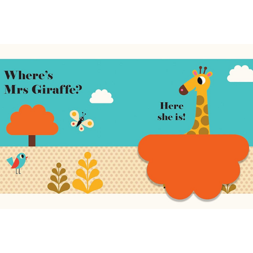 Children's book with a giraffe and text 'Where's Mrs Giraffe? Here she is!' on a colorful background.