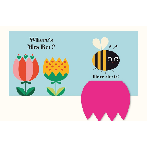 Children's book pages with a bee and flowers on a blue background