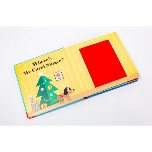 Children's book with the writing 'Where's Mr. Carol Singer?' with Christmas-themed illustrations on a white background.