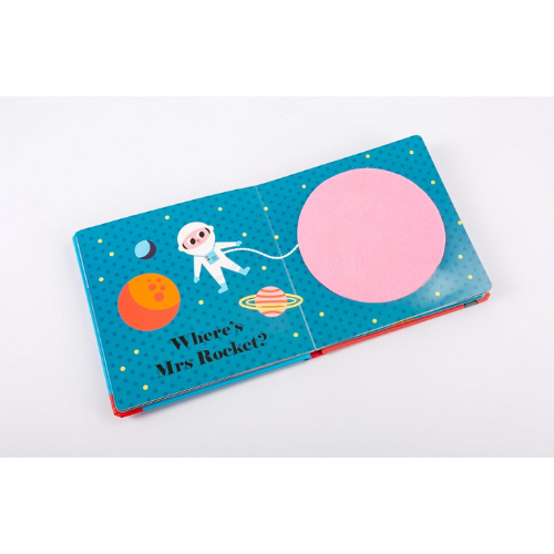 Children's book with space-themed illustrations on a white background