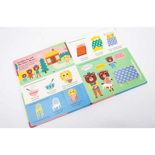 Children's book with colorful illustrations of bears and chairs on a white background