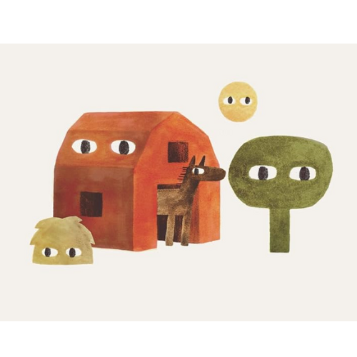 Illustration of a red house with eyes, a yellow sun, a green character, and a brown animal on a white background.
