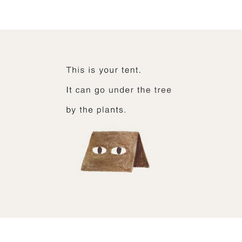 Small brown tent with eyes on a white background and text.