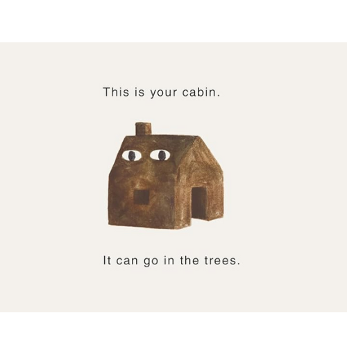 Small wooden cabin with googly eyes on a white background