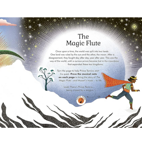 Illustration from a children's book about 'The Magic Flute' with a character and mountain landscape.