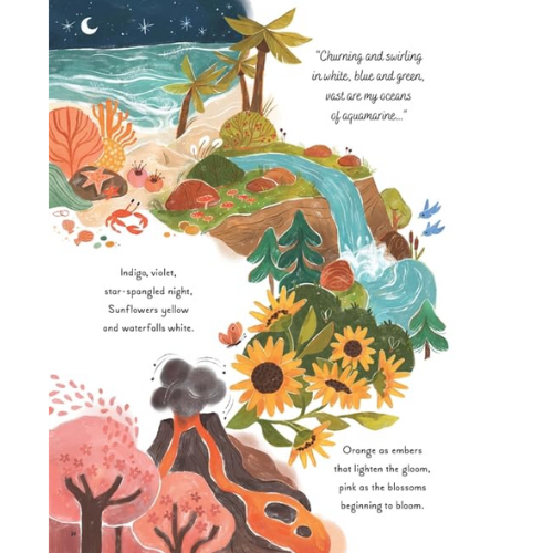Illustrated page with nature scenes, plants, and text on a white background
