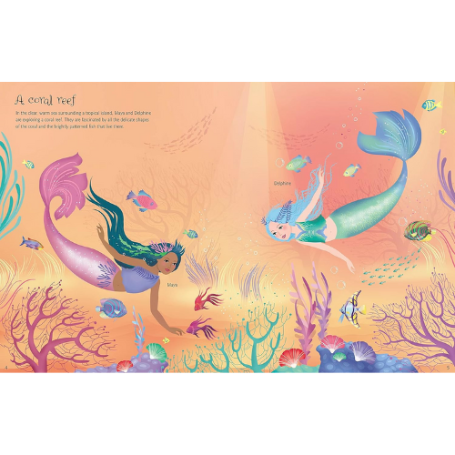 Illustration of two mermaids swimming underwater with colorful fish and coral.