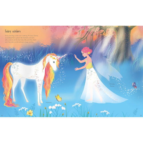 Illustration of a fairy and a unicorn in a magical forest setting