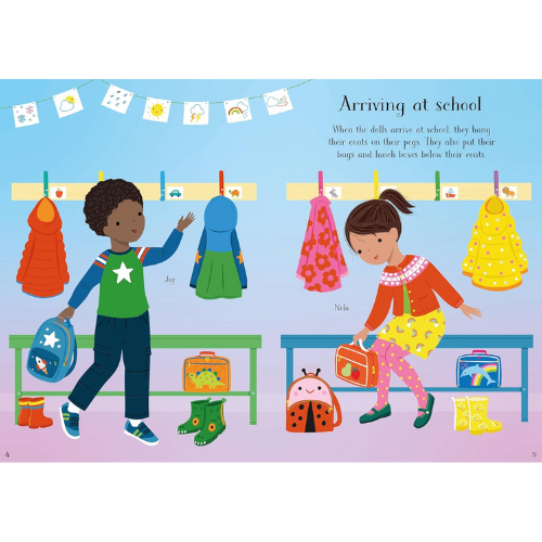 Illustration of children arriving at school with backpacks and shoes.