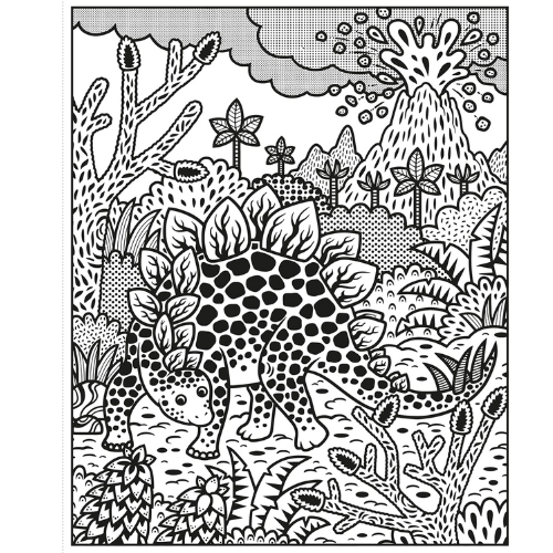 Colouring page with a dinosaur in a prehistoric landscape
