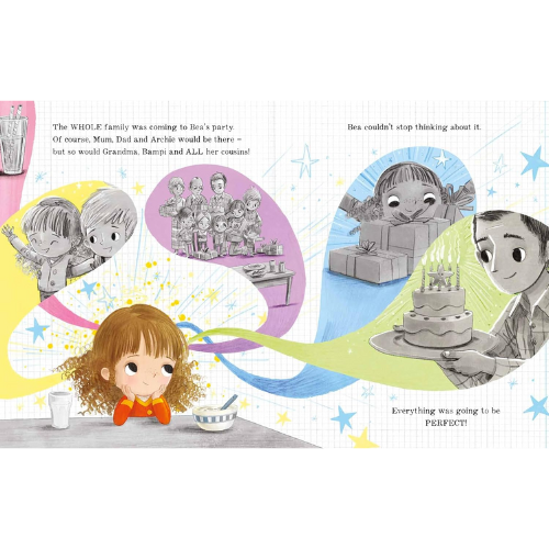 Illustrated page from a children's book showing a girl at a party with family and friends, including a cake.