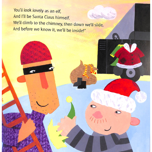 Illustration of a cartoon character in a Santa hat climbing a ladder with text about Santa Claus and an elf.