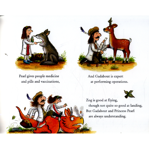 Illustrated page from a book showing characters interacting with animals, with text describing their abilities.
