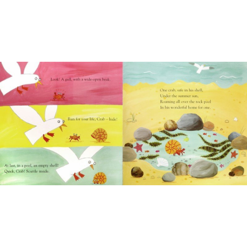 Illustrated book page with a bird, crab, and pool scene on a white background