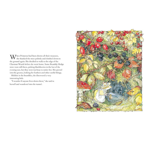 Illustrated book page with a fairy tale scene featuring a mouse and flowers.