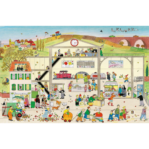 Illustration of a community center with various activities and people on different levels.
