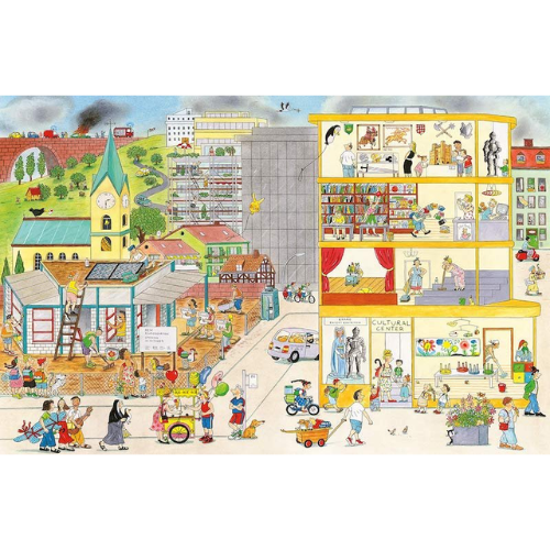 Illustration of a city scene with various buildings and people going about their daily activities.
