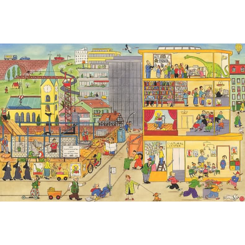 Illustration of a bustling city street with various shops and people going about their day.