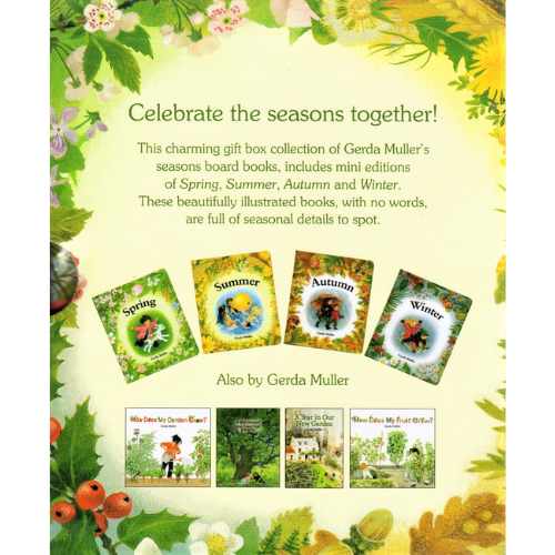 Promotional image for Gerda Muller's seasons board books with illustrations of spring, summer, autumn, and winter.