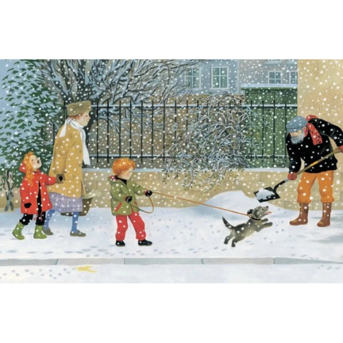 Winter scene with people and a dog in a snowy yard