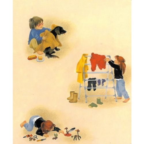 Illustration of children playing with toys and clothes on a beige background