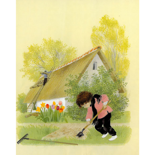 Illustration of a child gardening in front of a thatched-roof house with trees in the background.