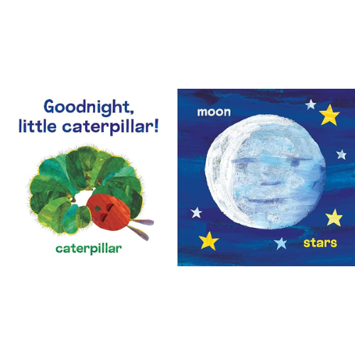 Children's book cover with a caterpillar and moon illustration on a white background