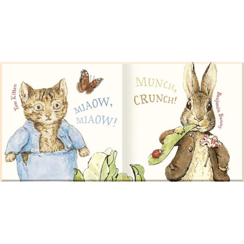 Illustration of a cat and a rabbit from a children's book, with text and graphics.