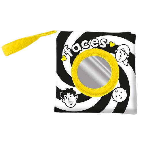 Children's book with a mirror and 'faces' text on a white background