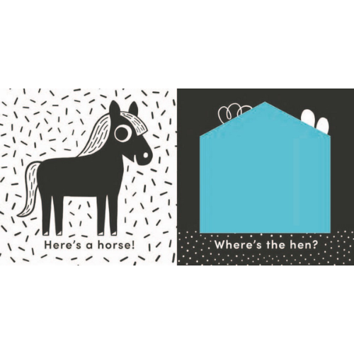 Illustration of a horse and a blue hen inside a house with text prompts.