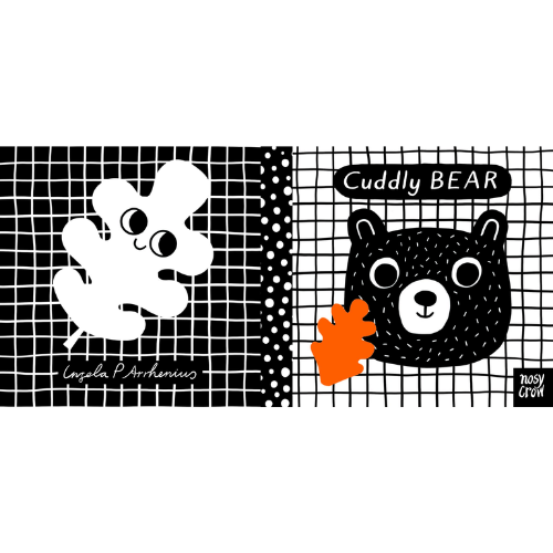 Illustrations of a white dog and a black bear on a grid background with 'Cuddly BEAR' text.